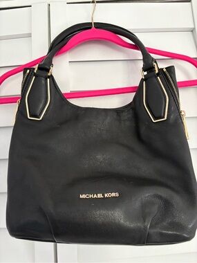 Michael Kors Black Leather Shoulder Bag with Gold Hardware